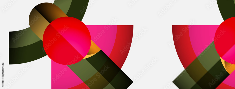 Poster abstract composition featuring overlapping shapes, vibrant colors. red sphere dominates, contrasted 