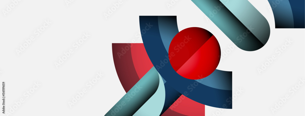 Fototapete abstract design features curved ribbons, red sphere. minimalist composition uses cool, warm tones. c