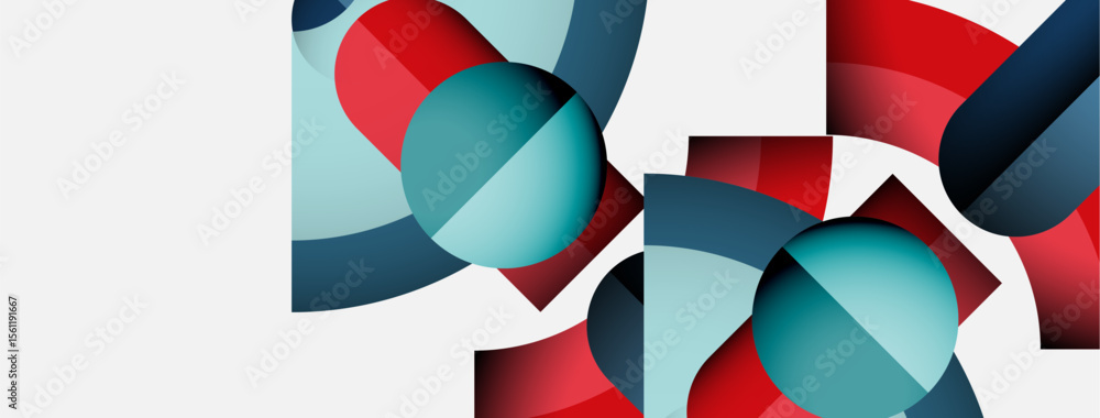 Poster abstract composition featuring overlapping circles, rectangles. red, blue, teal hues dominate white 