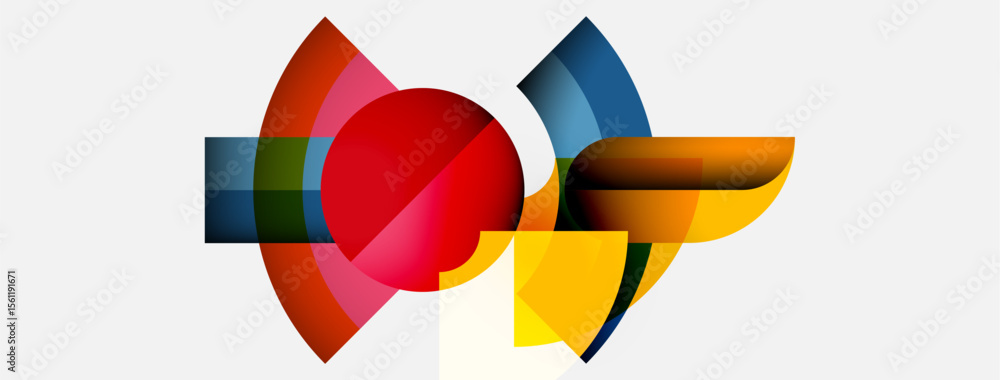 Poster Abstract geometric shapes overlap, creating vibrant composition. Red sphere dominates center, surrounded by colorful arcs, lines. Modern design.