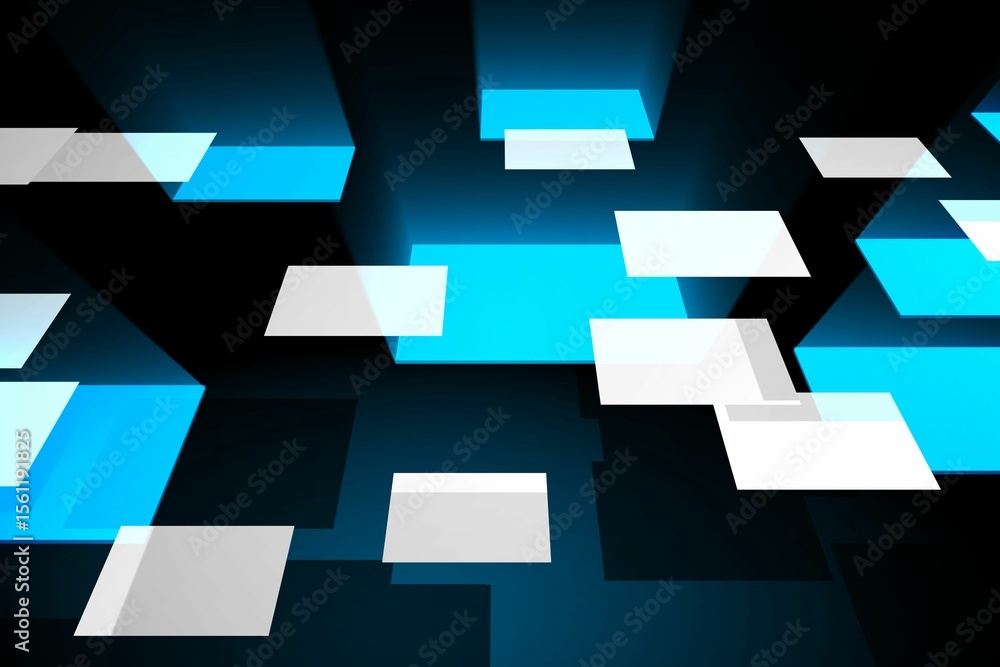 Poster floating translucent white and cyan panels are creating holographic grid in dark gradient 3d render