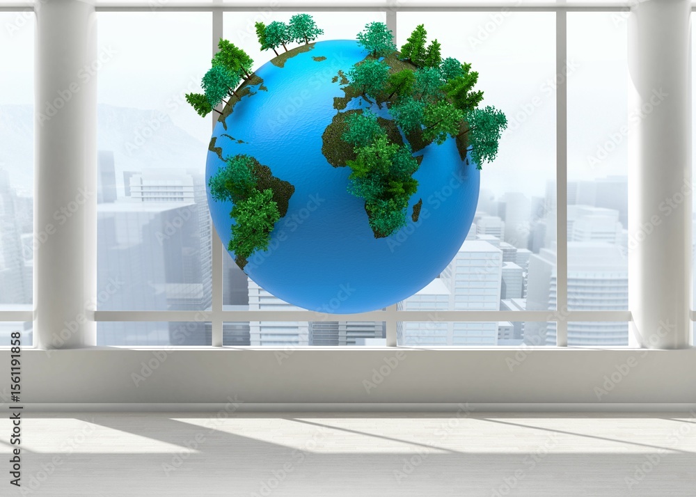 Poster stylized blue 3d earth globe is floating before floor-to-ceiling windows with green tree models
