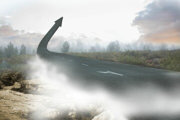 Flat design highway is curving upward into giant arrow while mist is hugging rocky terrain