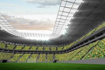 Flat design is showing stadium with grass pitch seating transparent roof beams and floodlights