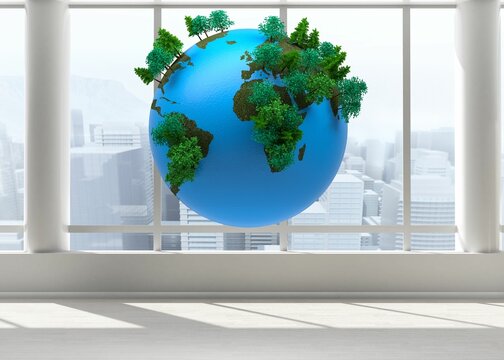 Fototapeta Stylized blue 3D Earth globe is floating before floor-to-ceiling windows with green tree models