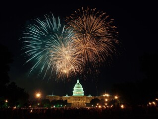 Low Angle Fireworks over Capitol: Crowd Silhouettes with Sparklers and Light Trails, Long Exposure Night Scene