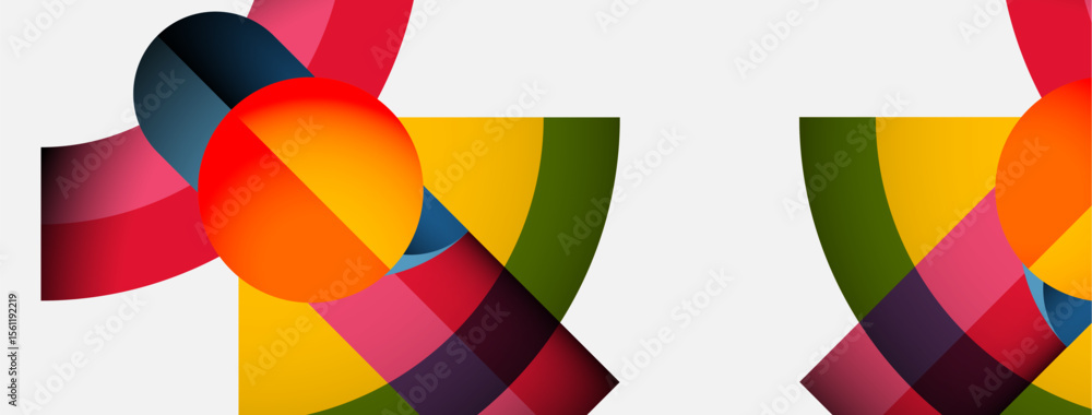 Fototapete Abstract composition features overlapping colorful shapes, circles, rectangles. Modern design with vibrant hues creates dynamic visual impact.
