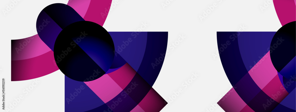 Poster abstract geometric shapes overlap, creating vibrant pinks, purples, dark blues on white background. 