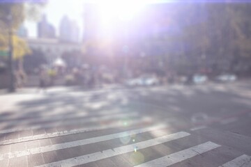 Pedestrian crossing stripes are spanning asphalt in flat style, showing sunlit park entrance