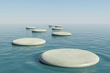 Flat design is showing smooth disk-shaped platforms floating on calm water toward distant horizon