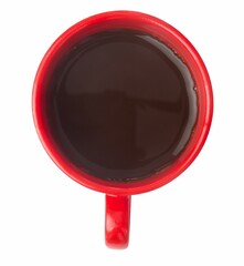 Red ceramic mug is resting in flat design on smooth white surface holding black coffee