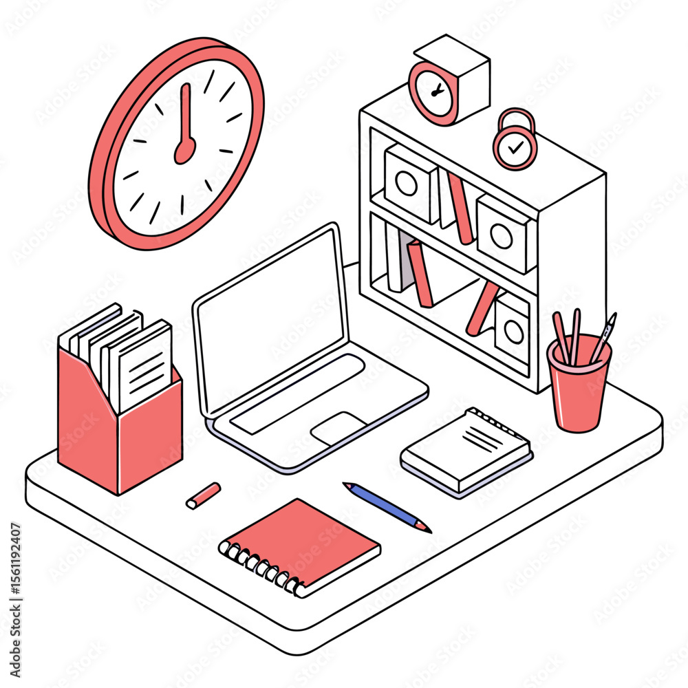 Poster illustration of a calendar with marked dates and a clipboard with checked boxes and a pencil near it