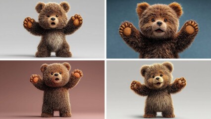 Set of cute brown teddy bears waving their paws in four different backgrounds