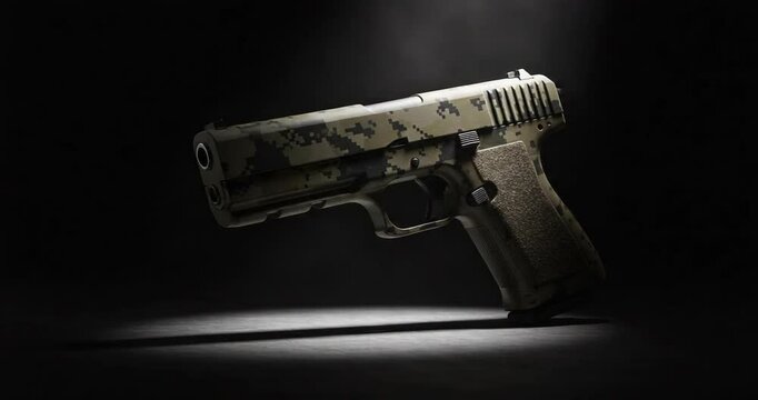 Camouflaged Handgun on Dark Surface with Lighting