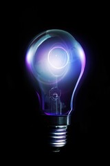 Incandescent light bulb is glowing in 3D render, casting purple-blue highlights on black background