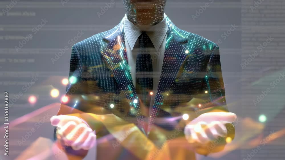Poster businessman with ai technology integration concept, digital businessman controlling data with glowin