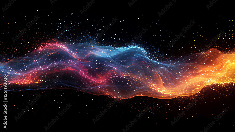 Poster abstract wavy energy flow with particle stream gradient from cool blue to warm orange cosmic design