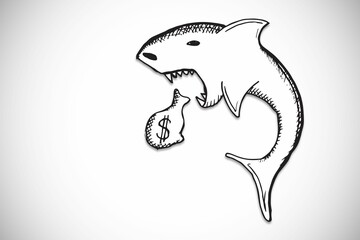 Monochrome hand-drawn shark is biting money bag with dollar sign on smooth gradient background