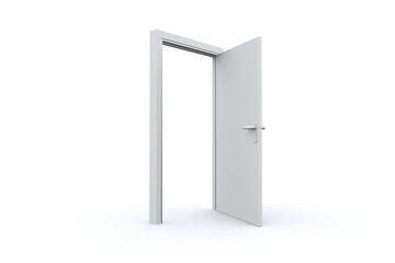 Minimal flat design open white door is standing in seamless white backdrop with silver handle