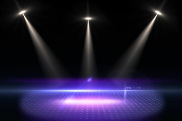 3D-render spotlights converging on circular-pattern stage floor glowing purple-blue with lens flare