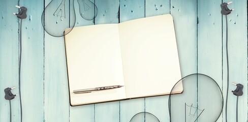 Notepad and bulbs on wooden background
