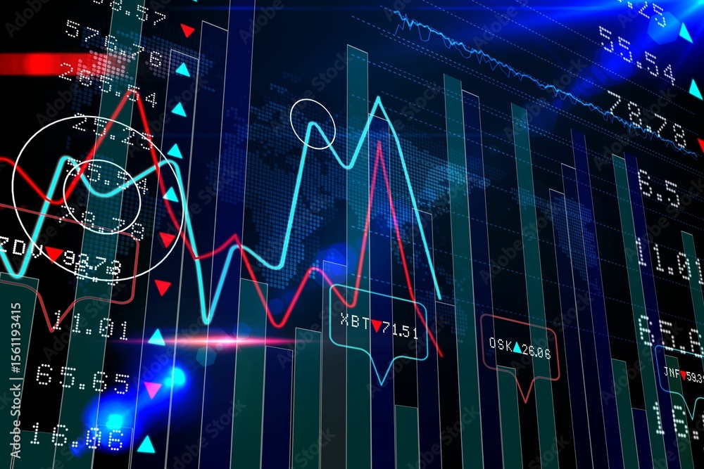 Poster flat trading dashboard showing bar and line charts ticker labels with arrows circle highlight peak