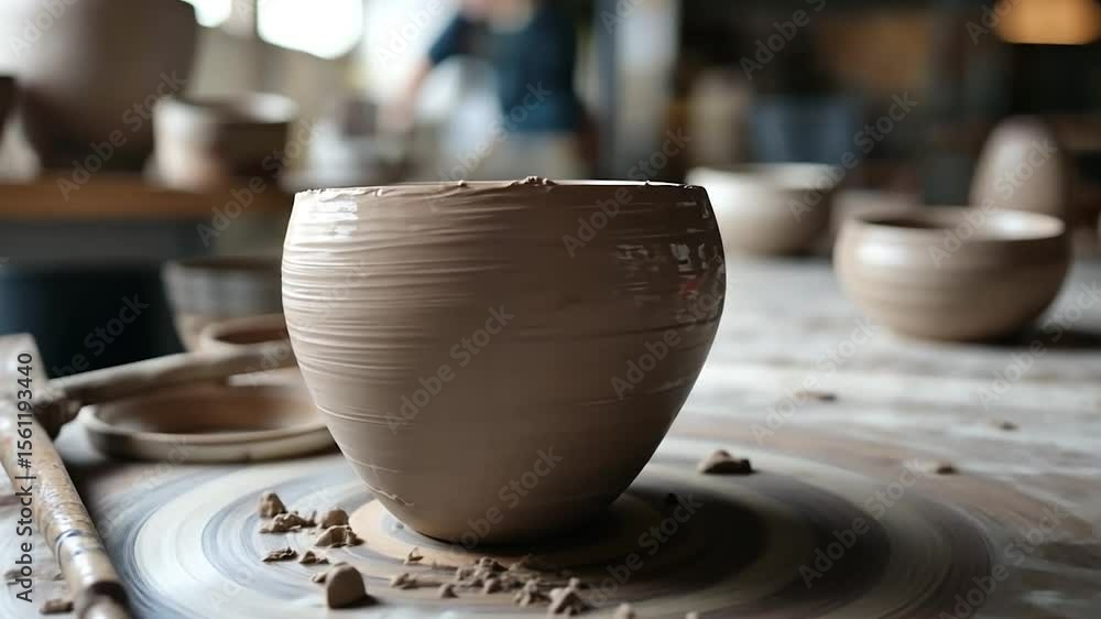 Poster close-up of pottery wheel with clay vessel and tools focusing on craftsmanship creating earthenware 