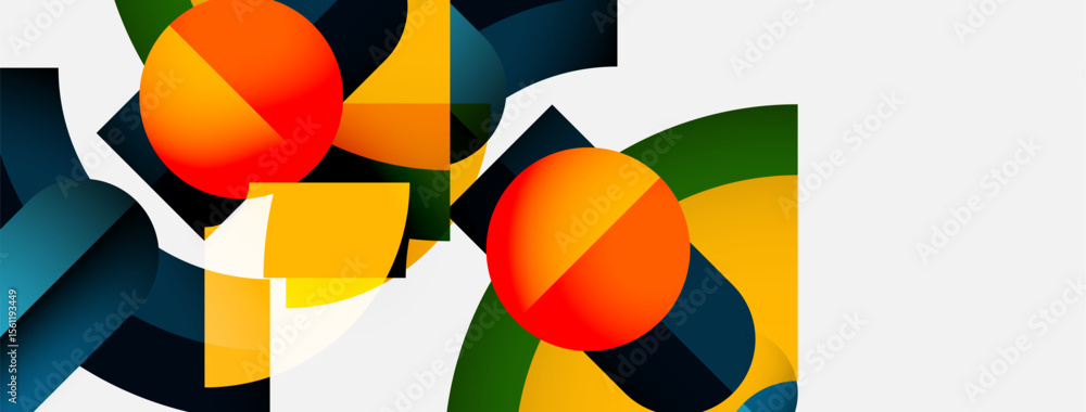 Poster abstract geometric composition. orange circles overlap colorful shapes. modern design, clean lines, 