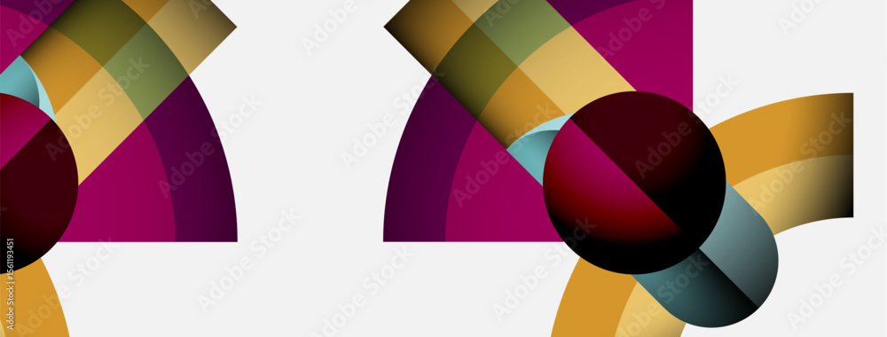 Fototapete Abstract composition features colorful overlapping circles, arcs. Shapes create dynamic visual rhythm, modern aesthetic.