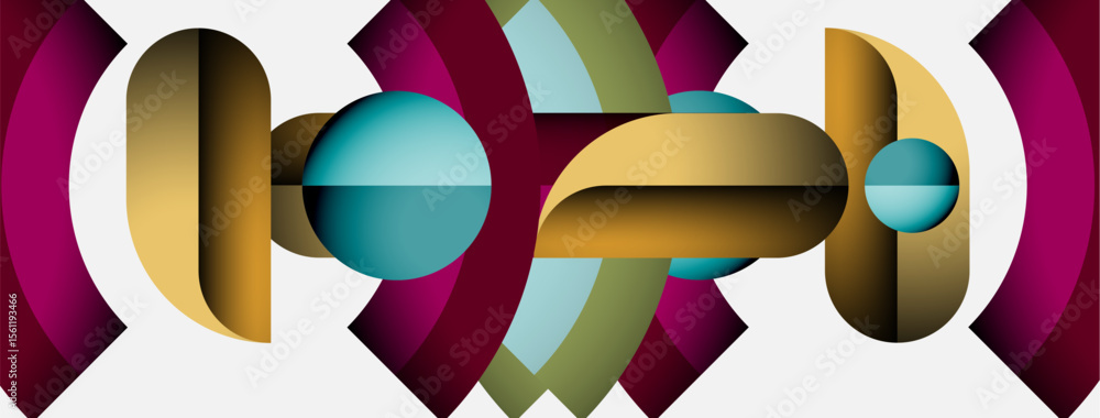 Aufkleber Abstract geometric shapes overlap, creating colorful patterns. Design features circles, rectangles, curves, gradients. Composition feels modern, balanced.