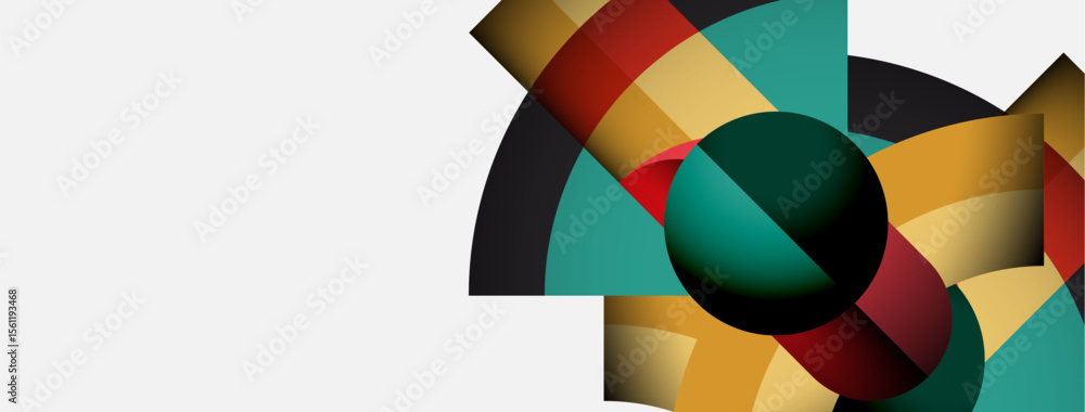 Poster abstract geometric shapes overlap, creating colorful composition. shades include red, teal, yellow, 