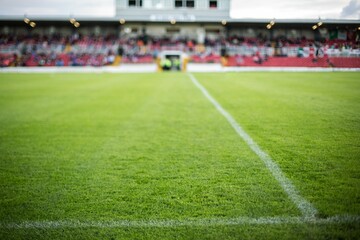 Flat design showing green soccer pitch with white halfway line, blurred red stands and spectators