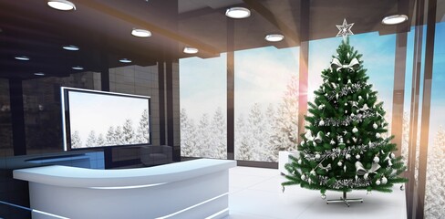 Festively decorated corporate lobby is showcasing flat design, with Christmas tree and LED desk