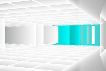Vertical glowing turquoise panels are appearing in minimalist 3D corridor with grid patterned floor