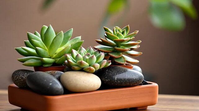 Close up shot of a succulent garden arrangement in a rectangular orange pot with decorative stones. Plants have green leaves against blurred background