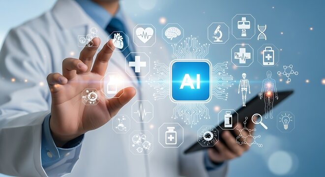 Doctor using advanced artificial intelligence technology for futuristic healthcare diagnostics and patient care management - Powered by Adobe