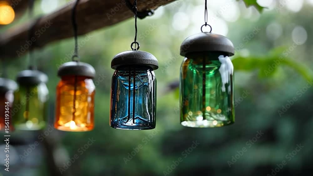 Poster close-up of colorful glass lanterns hanging from a tree branch in an outdoor setting with blurred gr