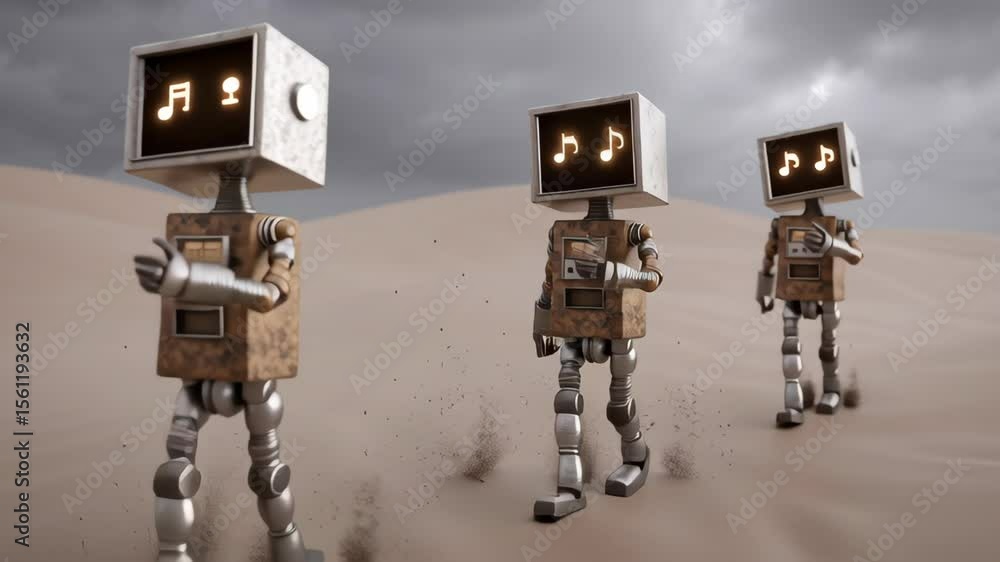 Poster robots with screens walking in a desolate landscape.