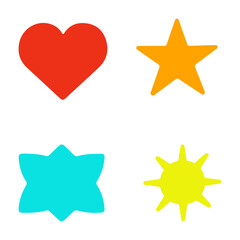 Four colorful abstract shapes including a red heart orange star blue flower and yellow sun