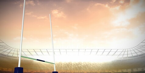 Rugby goalposts are being shown on grass pitch in flat design stadium, with floodlights and stands