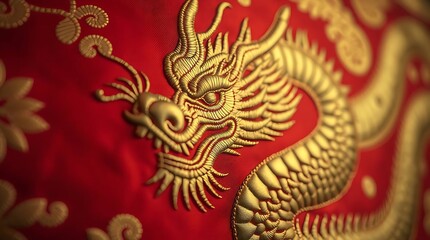 Fototapeta premium Close-up of Traditional Chinese Red Silk Brocade with Golden Dragon Embroidery