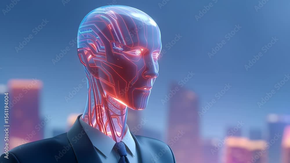 Poster businessman with ai technology integration concept, futuristic humanoid robot with glowing circuitry