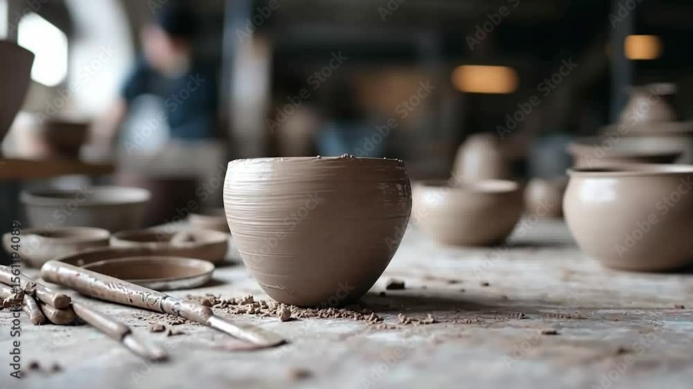 Poster close-up of unfired clay pot on a wooden surface inside a pottery studio. other pottery and tools ar
