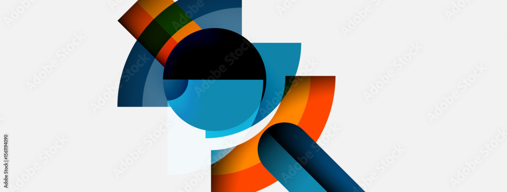 Poster Abstract geometric shapes overlap, creating vibrant color combinations. Composition features circles, arcs, rectangles, minimalist design.