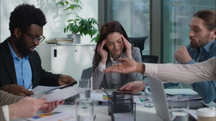 Ill sick Caucasian business woman suffering leader massage temples head ache headache multiethnic coworkers men women shouting conflict arguing pain unhealthy businesspeople colleagues office stress