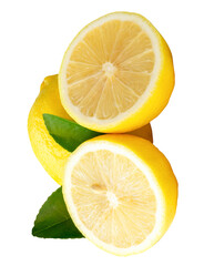 Top view of fresh ripe yellow lemon fruit with two halves and green leaves isolated on white...