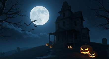 Haunted House Halloween Night Full Moon Spooky Scene