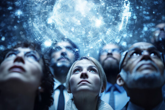 diverse individuals from different continents looking up at a vast, ethereal holographic projection displaying complex data streams and interconnected global symbols.