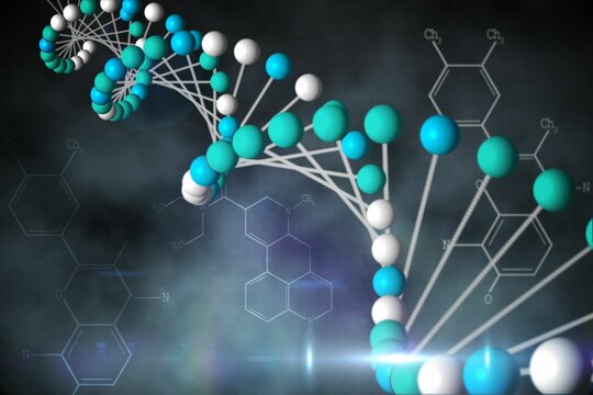 Blue DNA strand with chemical structures