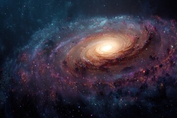 Obraz premium spiral galaxy against a dark cosmic background filled with stars and nebulas.